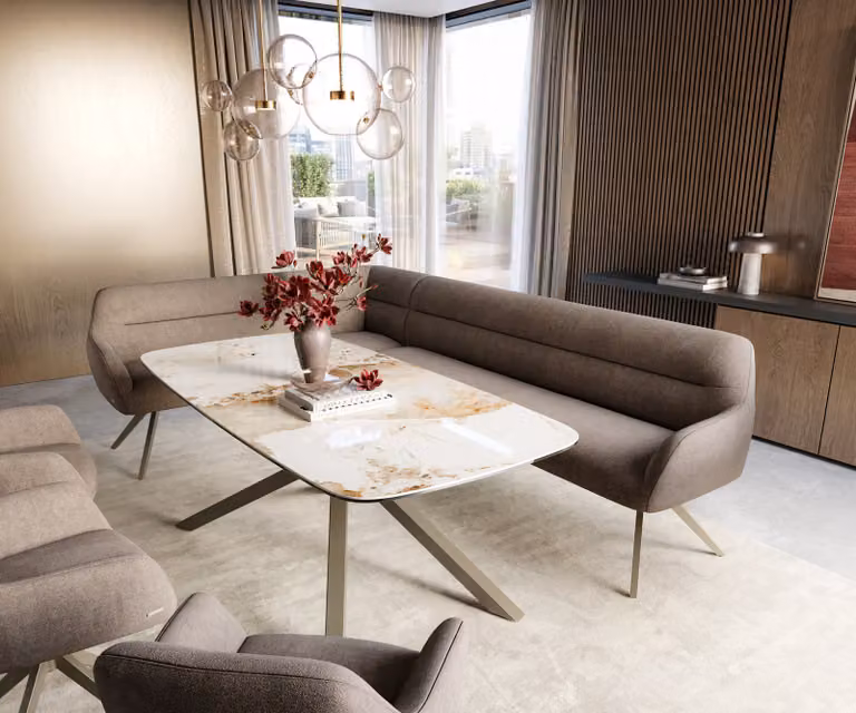 DELIFE Eetkamerbank Taya-Flex L-vormig beige met gestructureerde stof en metalen frame B/D/H: 282 x 106,5 x 87 cm