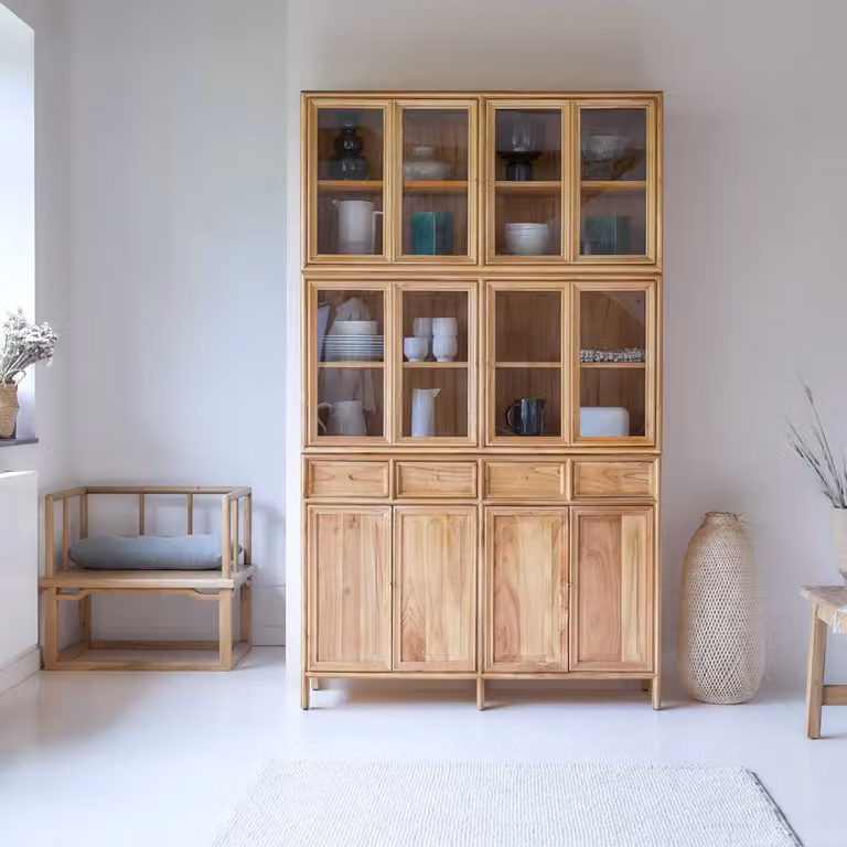 Tikamoon Alex Dubbele servieskast met glazen deuren - Bruin/Beige - B/D/H: 120 x 41 x 205 cm
