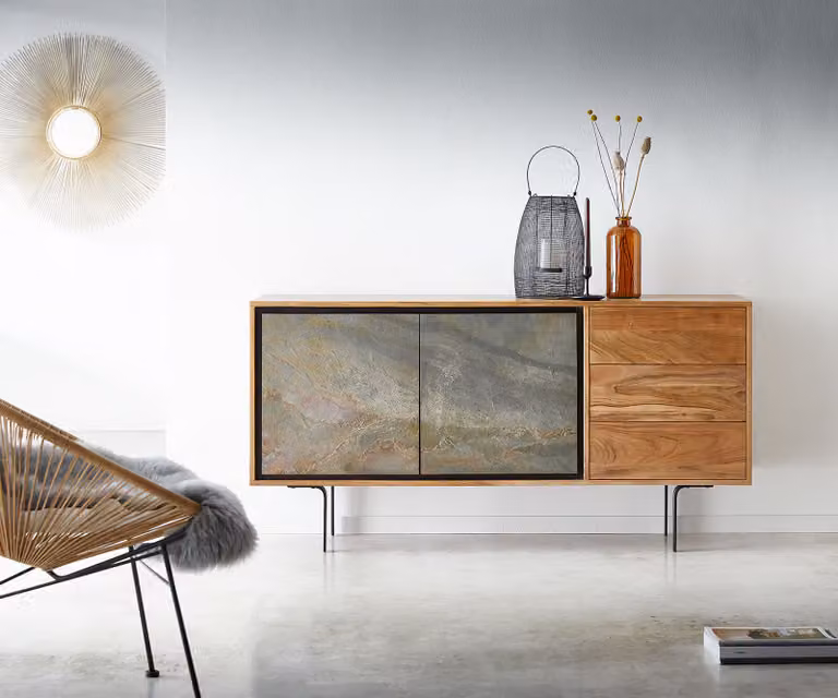 DELIFE Dressoir Juwelo Modern met Acacia, Natuursteen en Metaal, Zwart/Bruin, B: 150 cm, D: 40 cm, H: 75 cm