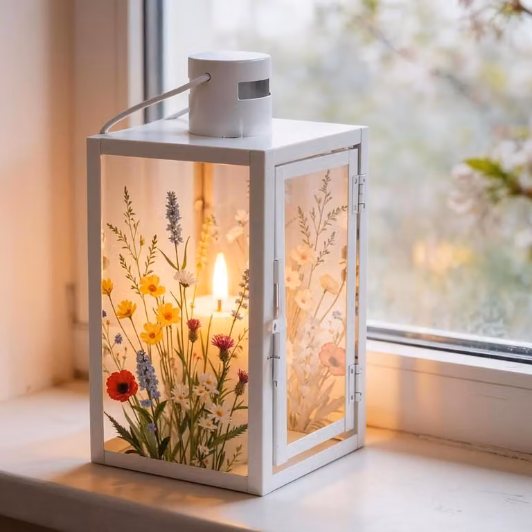 Decoratieve Lantaarn Windlicht met Bloemen en Metalen Beugel - Wit - Hoogte: 25 cm