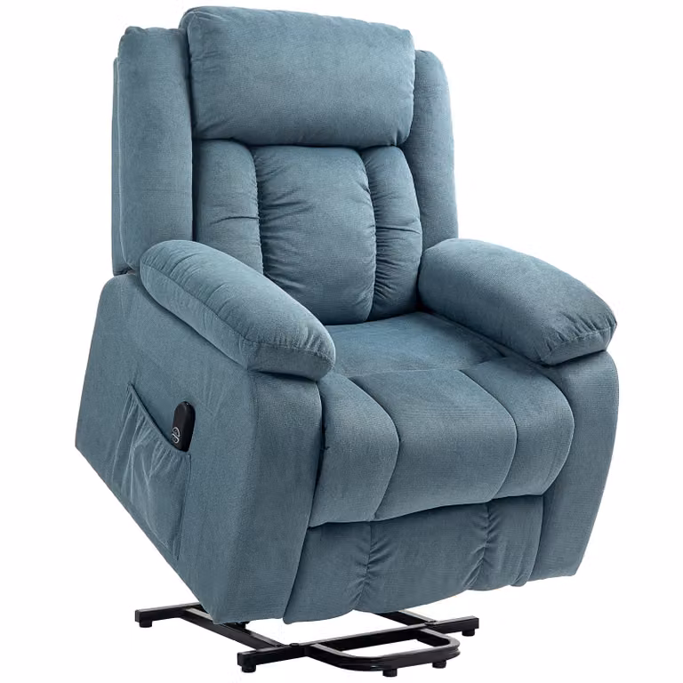 HOMCOM Sta-op fauteuil met zachte bekleding, relaxstoel met afstandsbediening en zijvakken, blauw