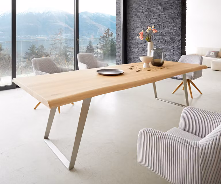 DELIFE Eettafel Edge met Live-Edge eikenhout en roestvrij stalen onderstel, Bruin/Zilver, B: 260 cm, D: 100 cm, H: 76 cm