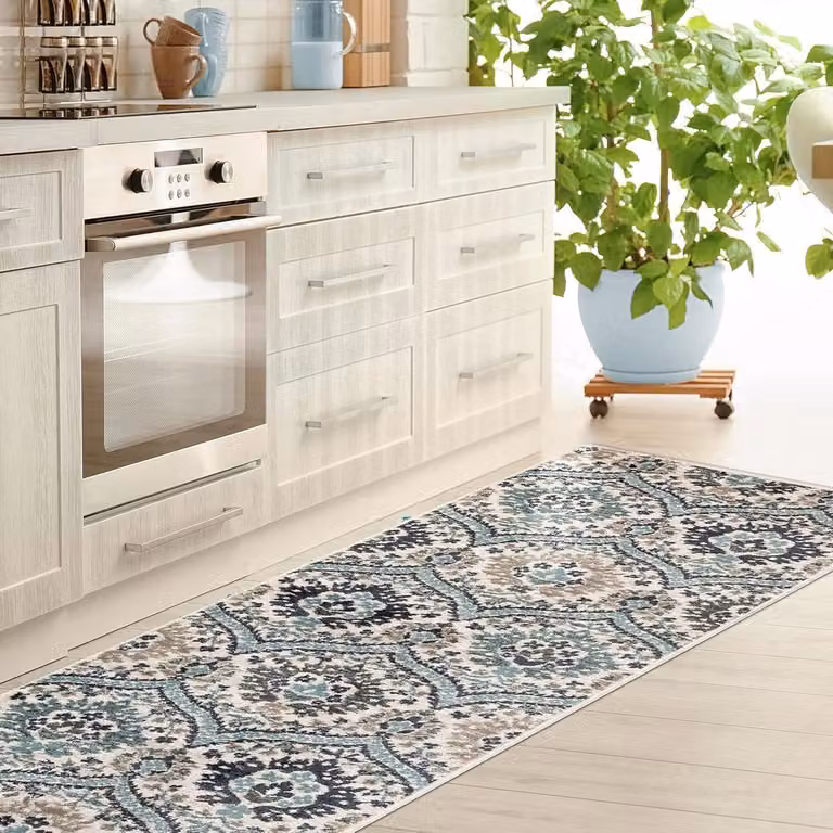 Oosters vloerkleed met bloemen damast patroon in diep blauw - 270 x 360 cm