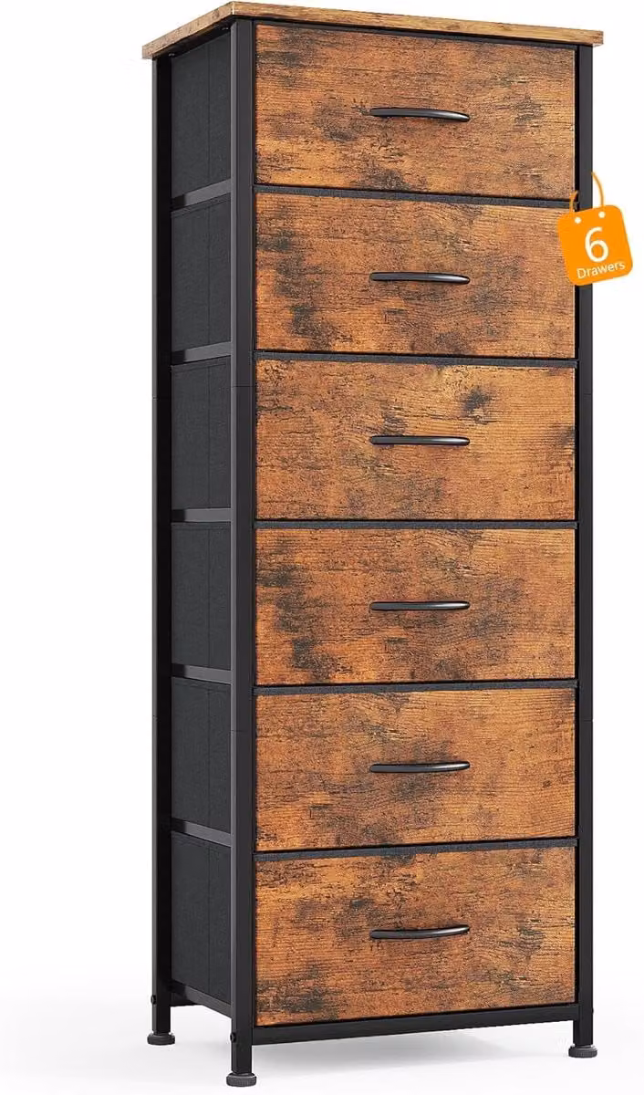 Vintage ladekast met 6 laden en metalen frame in rustiek bruin, Hoogte: 137 cm