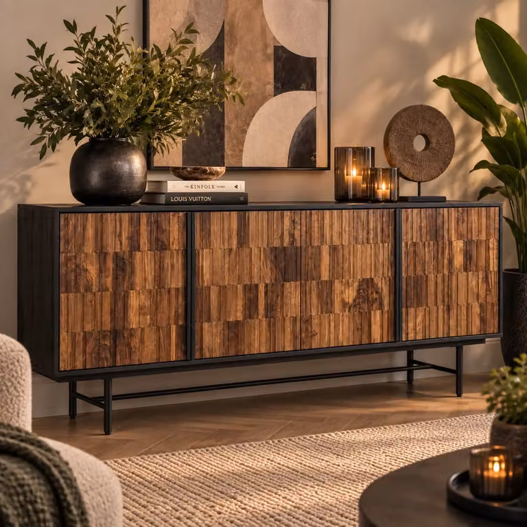 Tower Living Dressoir Dimaro 4 deurs - Mango en Sheesham hout - Bruin/Zwart - Breedte: 174 cm