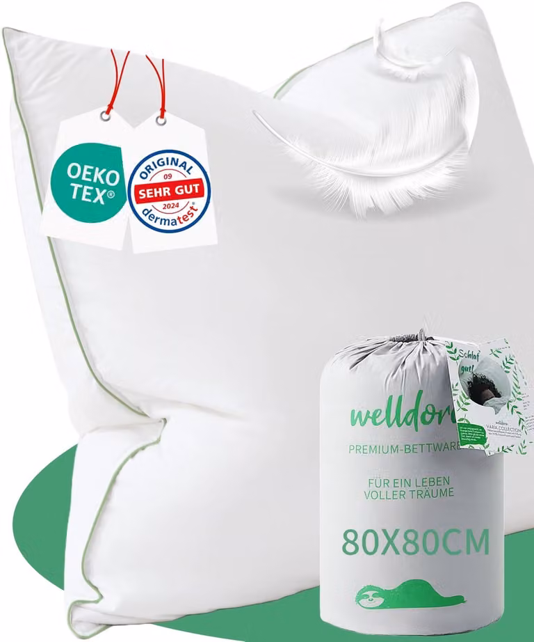 Welldora Premium Donskussen 80x80 cm – 3-Kamers met Dons en Veren – Comfortabel Kussen voor Zij- en Rugslapers