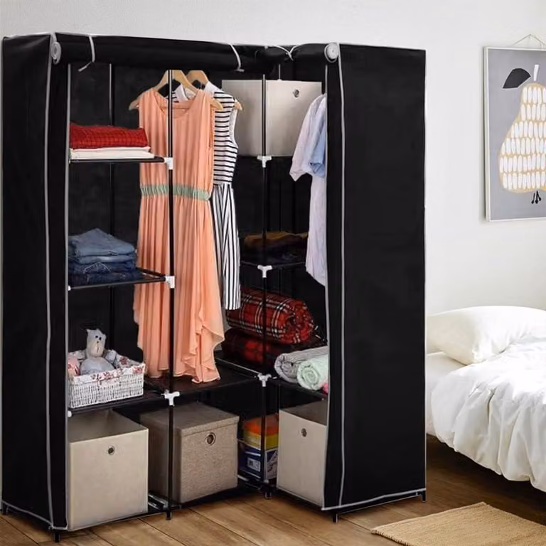 Zwarte hoekkast met afneembare hoes en rolluik voor in de slaapkamer of woonkamer, B/D/H: 169 x 129 x 87 cm