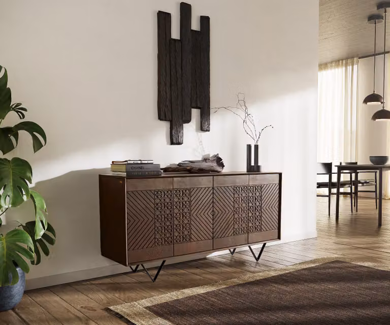 DELIFE Dressoir Manjula van mangohout en metaal, Bruin en Zwart, Breedte: 145 cm