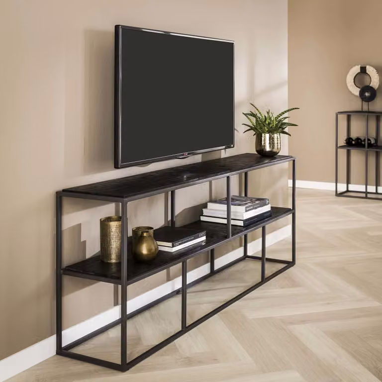 WoonStijl TV-meubel in zwart teakhout en metaal, industrieel design, Breedte: 150 cm, Diepte: 60 cm, Hoogte: 30 cm