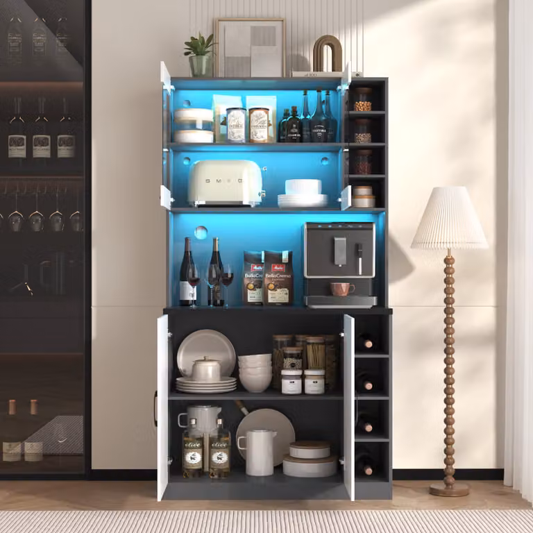 Ulife Keukenkast met LED-verlichting en glazen deuren, vrijstaande hoge houten kast, B/D/H: 100 x 47 x 187 cm, zwart