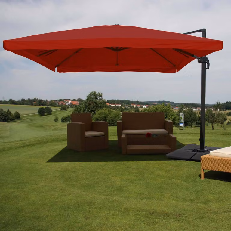 Mendler Gastronomie-scherm met pergola model HWC-A96 bordeauxrood met standaard, breedte: 3 m, diepte: 4 m, diameter: 5 m