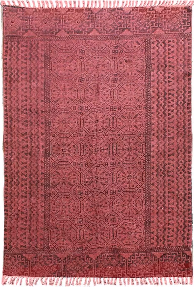 Boho Kelim Vloerkleed van Katoen met Handblokprint - Zwart Rood - 120 x 240 cm