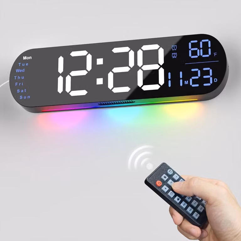 Digitale Wandklok met Afstandsbediening, RGB en Dubbele Wekker, 34 cm