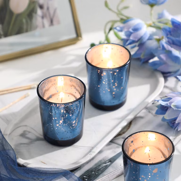 Set van 12 Blauwe Votief Kandelaars van Kwikglas voor Bruiloft en Woondecoratie