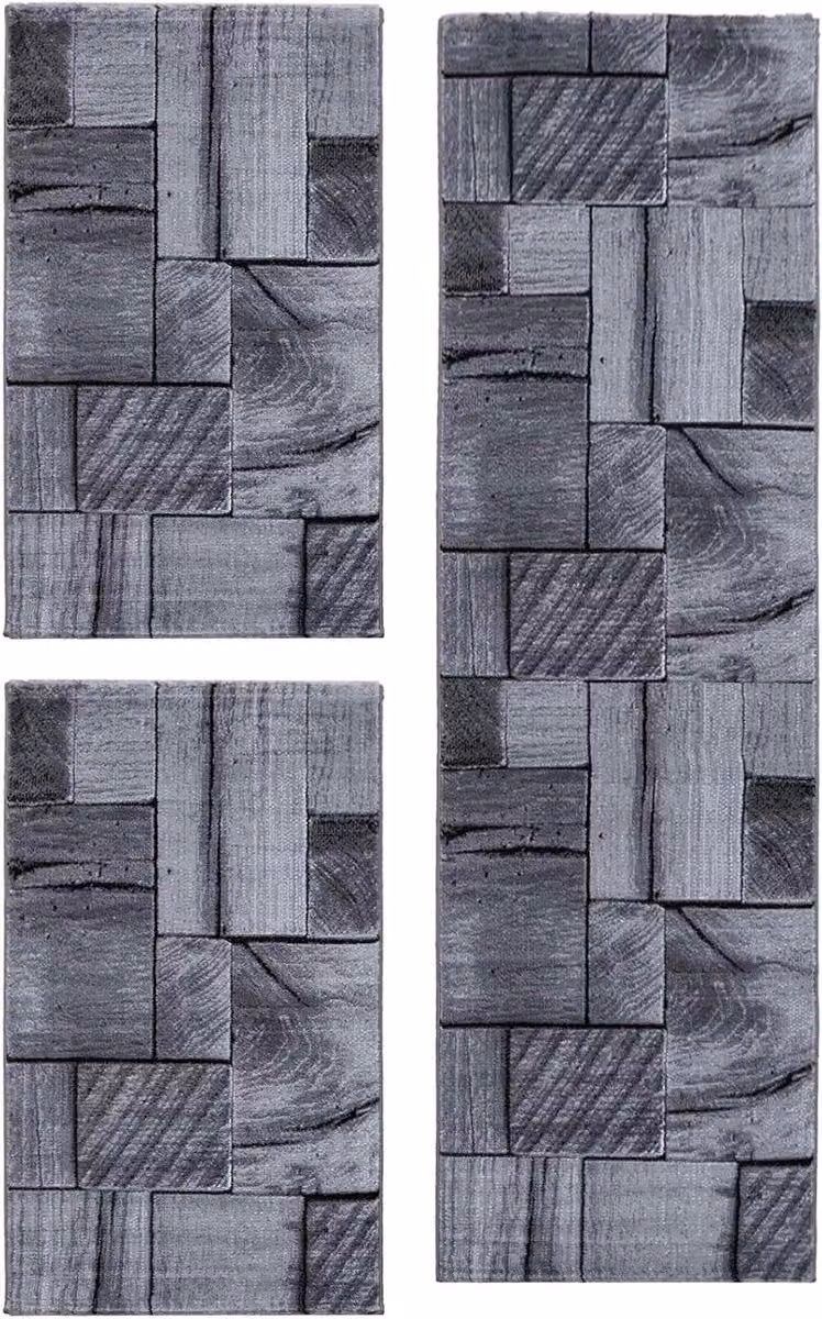 Set van 3 vloerkleden met houtfigurenpatroon voor de slaapkamer en woonkamer, Grijs, Polypropyleen, 2x 80x150 cm en 1x 80x300 cm