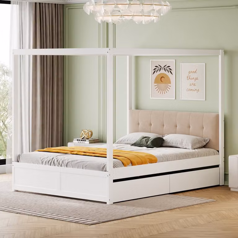 Wit houten hemelbed met opbergruimte en laden B/D/H: 140 x 200 cm
