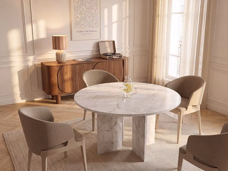 Ronde eettafel TOPANIA met wit marmereffect voor 6 personen - Diameter: 138 cm, Hoogte: 75 cm