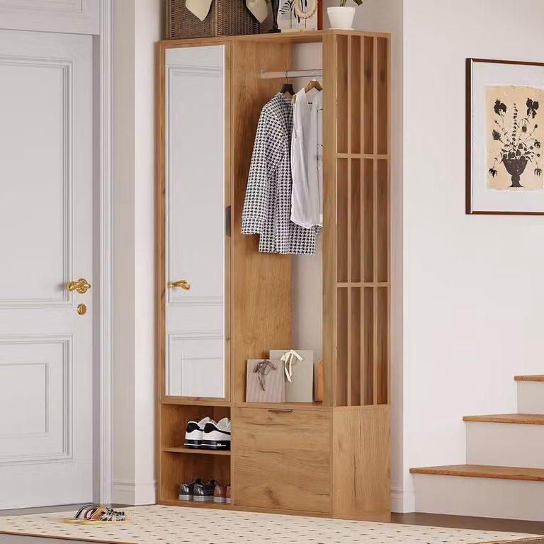 Entreekast met Spiegel en Open Plank - Halmeubel Set - Houtkleur - H x B x D: 190 x 100 x 33 cm