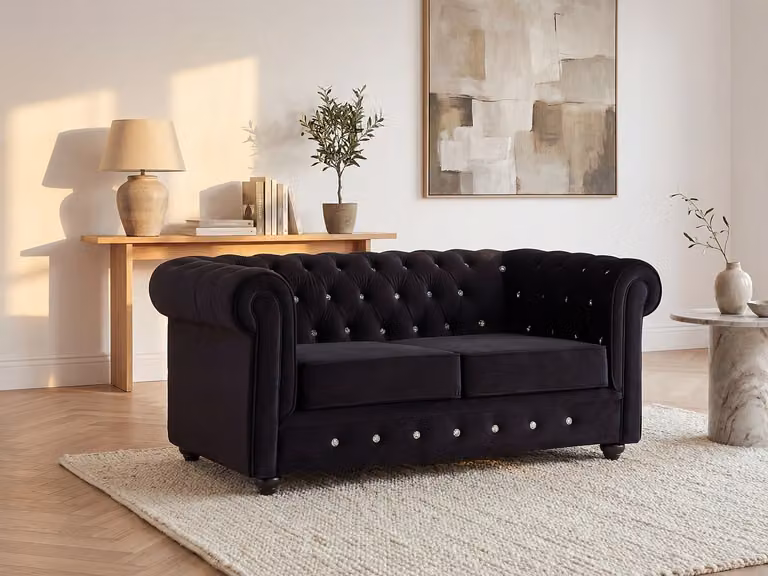 Vente-unique Chesterfield tweezitsbank in zwart velours met afneembare hoezen B/D/H: 165 x 72 x 88 cm
