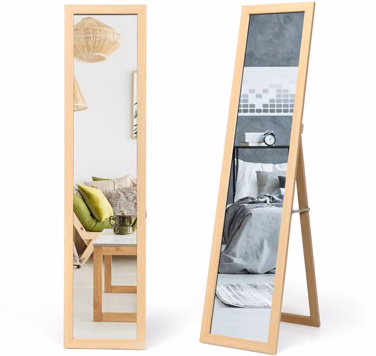 COSTWAY Staande spiegel met houten frame, vrijstaande en wandgemonteerde vloerspiegel voor slaapkamer of woonkamer, 155 x 37 cm