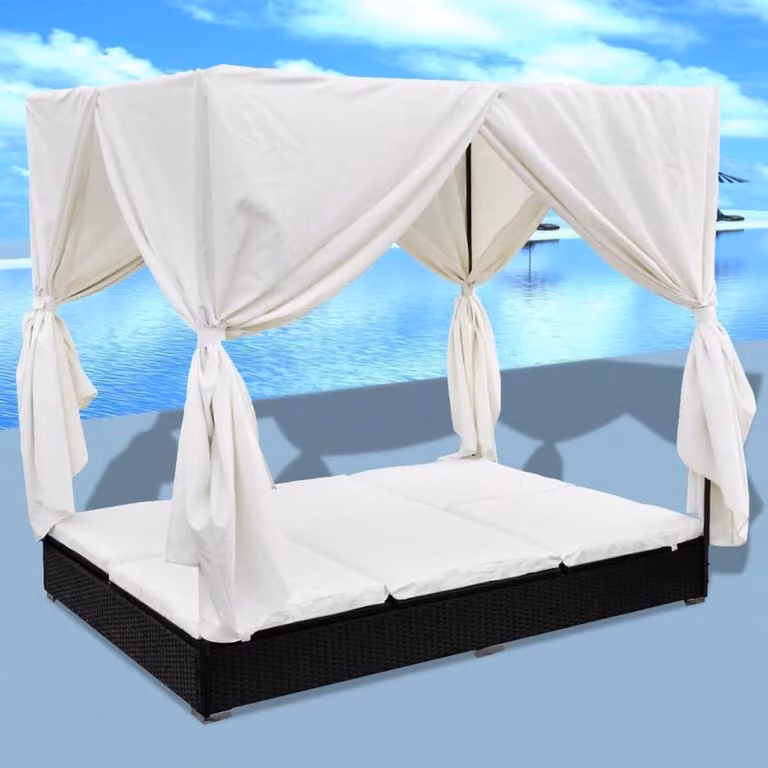 Loungebed voor 2 personen met gordijn en waterafstotende kussens, zwart polyrotan met stalen frame