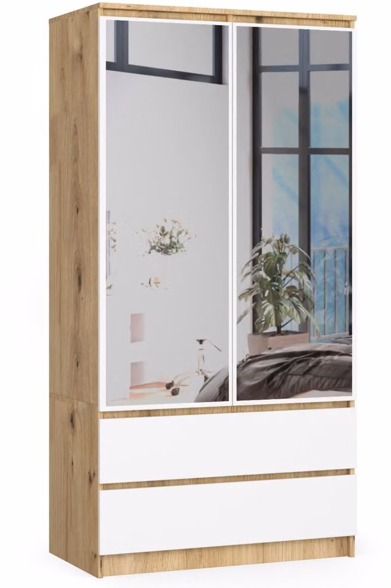 Kledingkast S90 met spiegel, 2 deuren en 2 lades, AKORD Furniture Factory, Artisan Eik - Wit, B: 90 cm, H: 180 cm, D: 51 cm