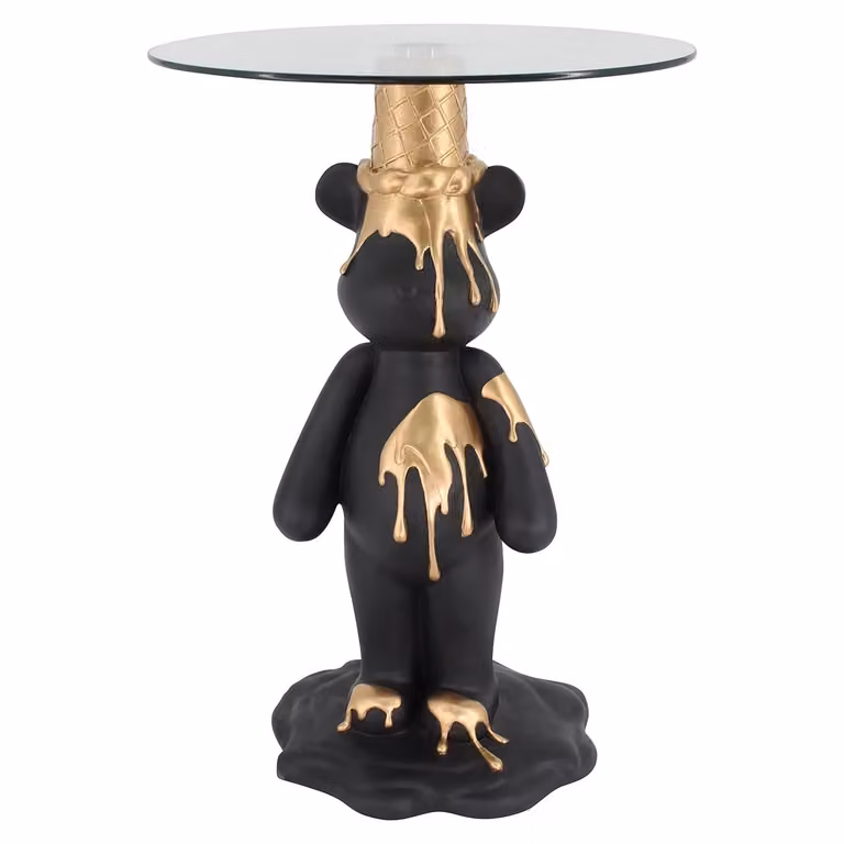 Richmond Interiors Bijzettafel Ice Bear, Rond, Glas, Zwart en Goud, B/D/H: 48 x 48 x 64 cm