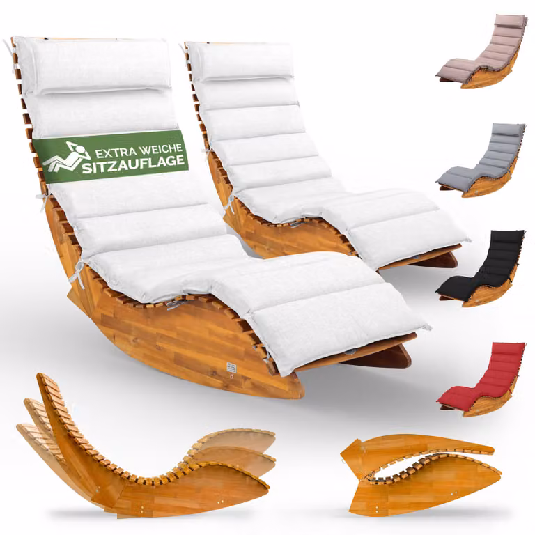 Casaria Set van 2 Inklapbare Ligbedden met Kussens, Crème, FSC-gecertificeerd Hout, B/D: 154 x 60 cm