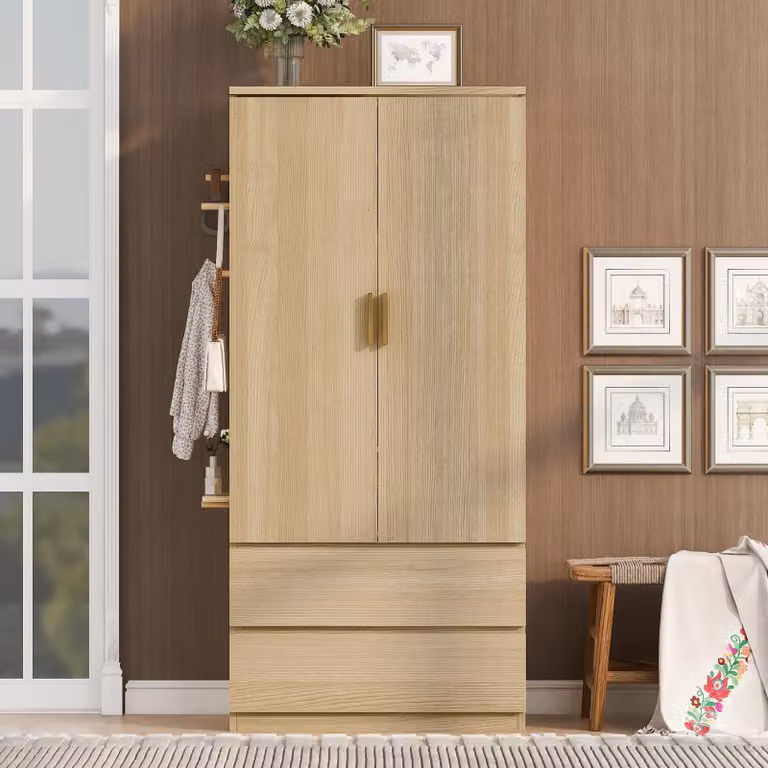 OKWISH Multifunctionele kledingkast met 2 lades en verborgen opbergruimte, hout