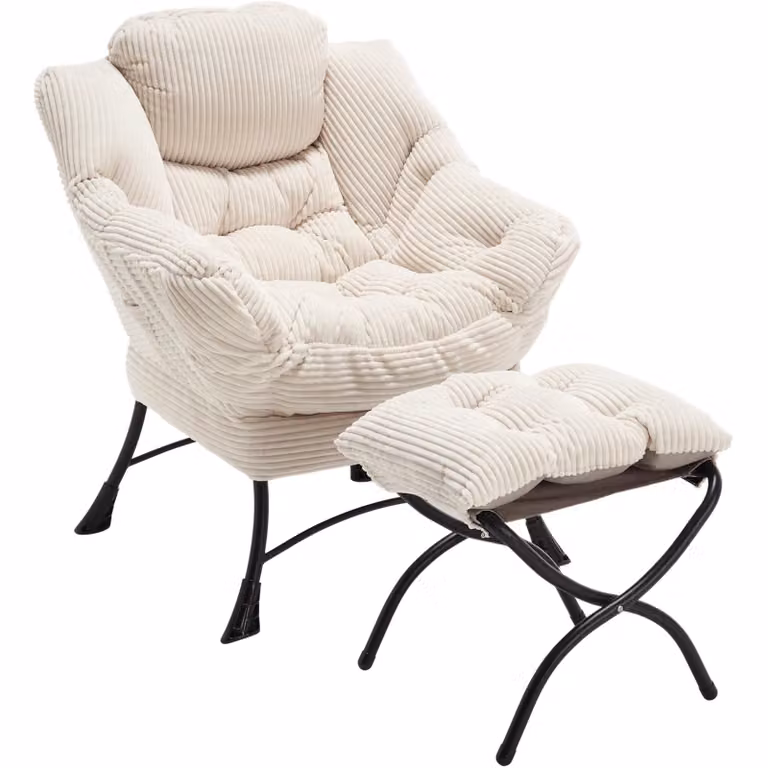 SEEDWAVE Flanel Fauteuil met Voetenbankje en Zijvak, Relaxstoel met Stalen Frame, Wit