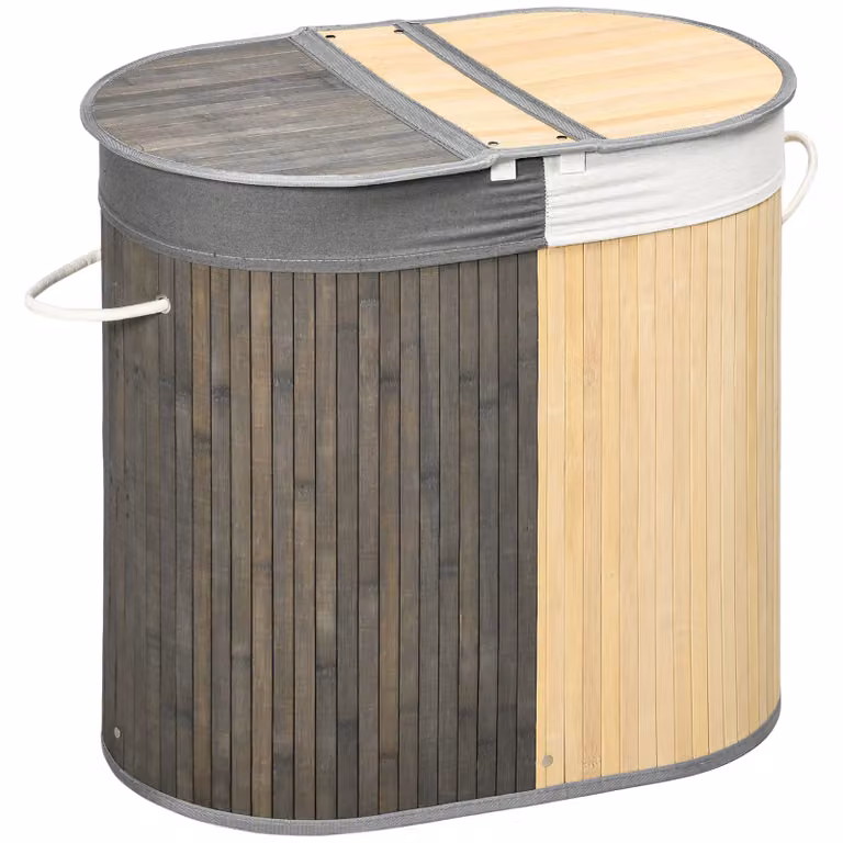 HOMCOM Wasmand met deksel en handgreep, 2 vakken met uitneembare waszak, Bamboe, Grijs+Natuur, 100 L