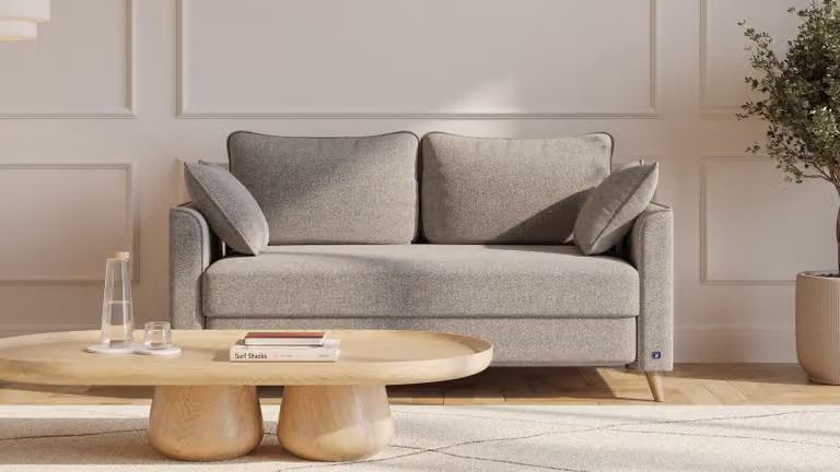 BRUNO slaapbank in taupe grijs-beige met massief houten frame en boxspringcomfort, 140 cm