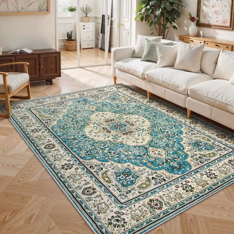 Hemelsblauw Oosters Vloerkleed met Bloemenmotief - 152 x 213 cm