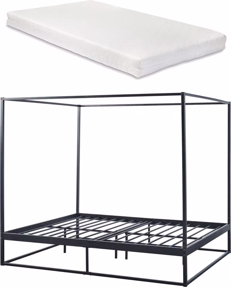 Hemelbed Kristianstad met bedbodem en matras, zwart, 160 x 200 cm