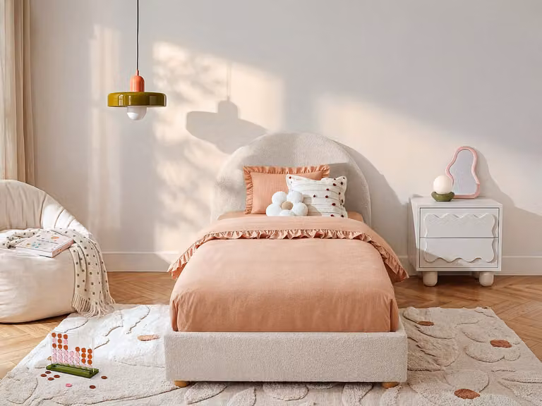 Vente-unique Bed met opbergruimte en lift-up basis in beige bouclé stof, 90 x 190 cm