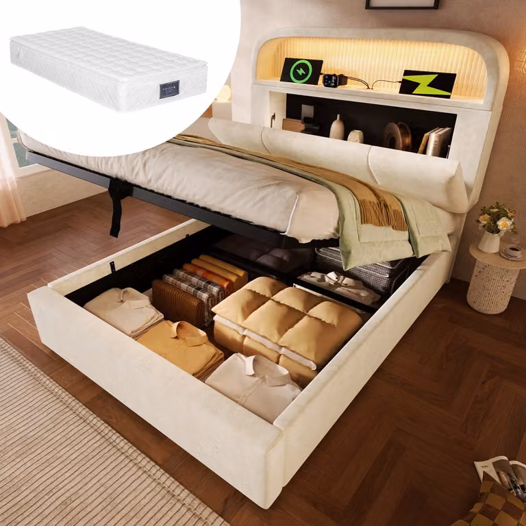 HAUSS SPOLE Gestoffeerd eenpersoonsbed met verstelbaar opberg-hoofdeinde, LED-verlichting en USB/Type-C aansluiting, Fluweel, Beige, inclusief matras, B/D: 90 x 200 cm