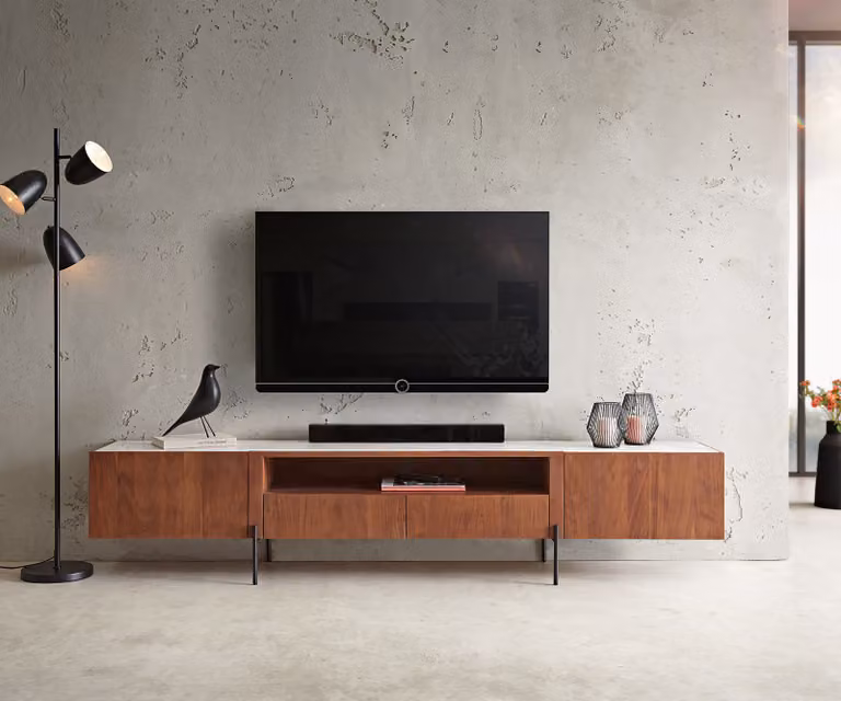 DELIFE TV-meubel Secara acacia bruin met marmeren poten zwart, Breedte: 220 cm, Diepte: 46 cm, Hoogte: 35 cm