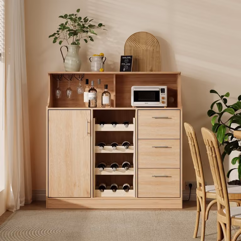 REDOM Sideboard met wijnrek, glashouder en LED-verlichting, 3 laden en 3 verstelbare legplanken, B/D/H: 120 x 40 x 121 cm