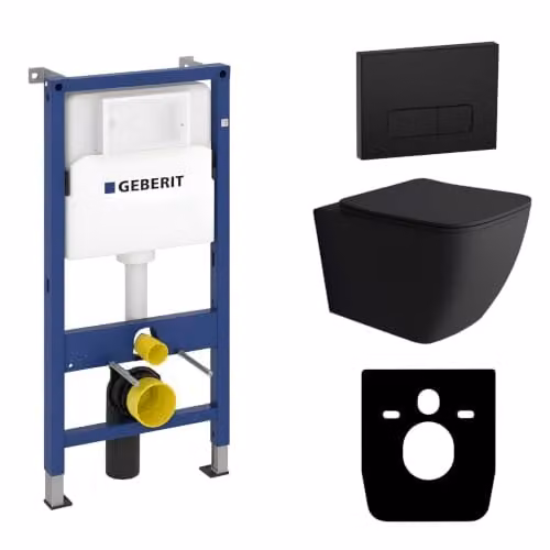 LAVITA Complete toiletset Lago zwart met Geberit Duofix voorwandelement, randloos toilet, toiletbril en bedieningsplaat met zwarte knop