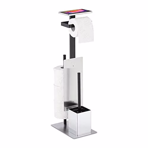 Relaxdays toiletaccessoires set met toiletrolhouder, wc-borstel en plateau, zilver/zwart, H 69 x B 26 x D 18 cm