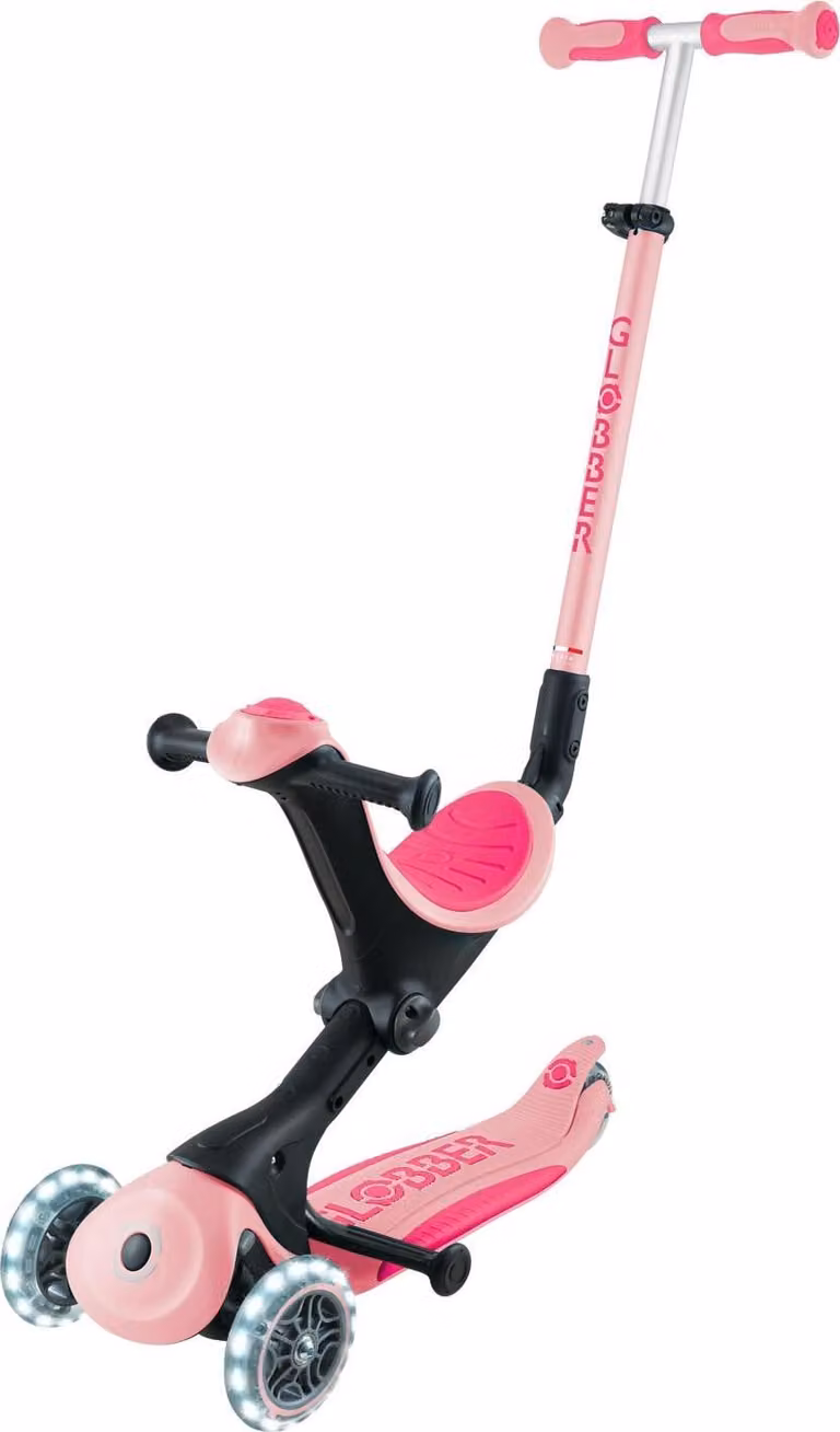 Globber Go-Up Deluxe Lights 3-in-1 driewieler met LED-wielen in pastelroze