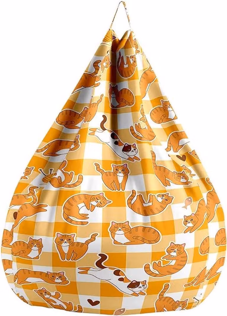 Wasbare zitzak cover met cartoon kitten print voor kinderen en volwassenen, Geel Plaid, 80 x 90 cm