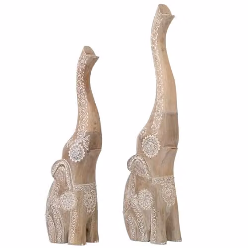 Set van 2 bruine Ganesha decoratiefiguren van handgemaakt mangohout, Hoogte: 65 cm en 53 cm