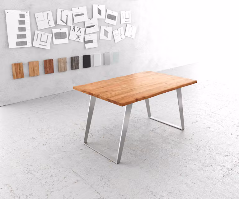 DELIFE Eettafel Edge van Acaciahout en Metaal, Live-Edge, Bruin/Zilver, B: 140 cm, D: 90 cm, H: 74,5 cm