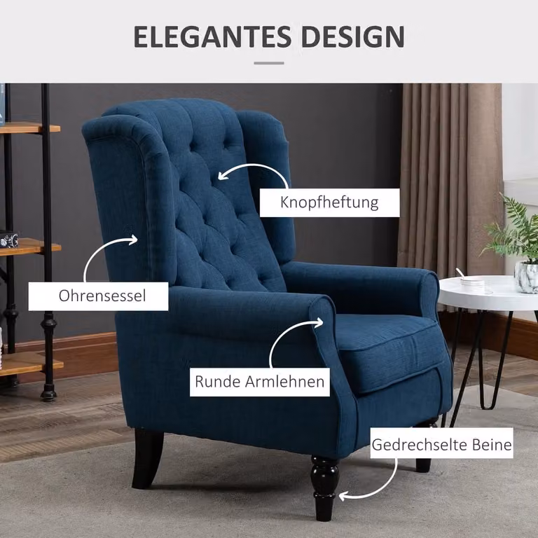 Hauss Spole Klassieke Ohrensessel met Hoge Rugleuning en Gecapitonneerde Rug in Blauwe Stof