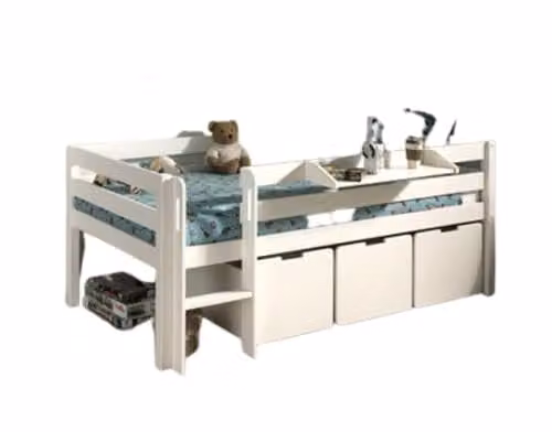 VIPACK Speelbed voor kinderen met ladder, plankenrek, verstelbare lattenbodem en 3 lades, wit gelakt, B/D: 90 x 200 cm