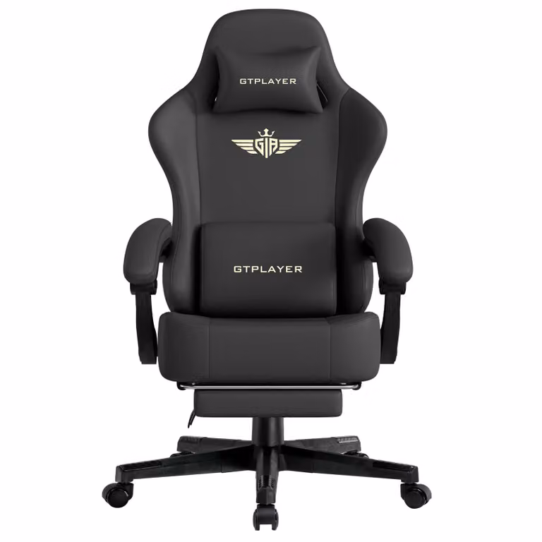 GTPLAYER Ergonomische Gaming Stoel met Voetsteun en Veren Kussen, Kunstleer Bureaustoel met Armleuningen