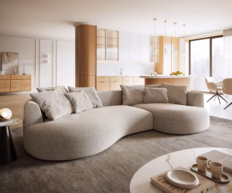 DELIFE Big-Sofa Edina L-vormige bank in beige geweven stof met sierkussens B/D/H: 328 x 166 x 91 cm
