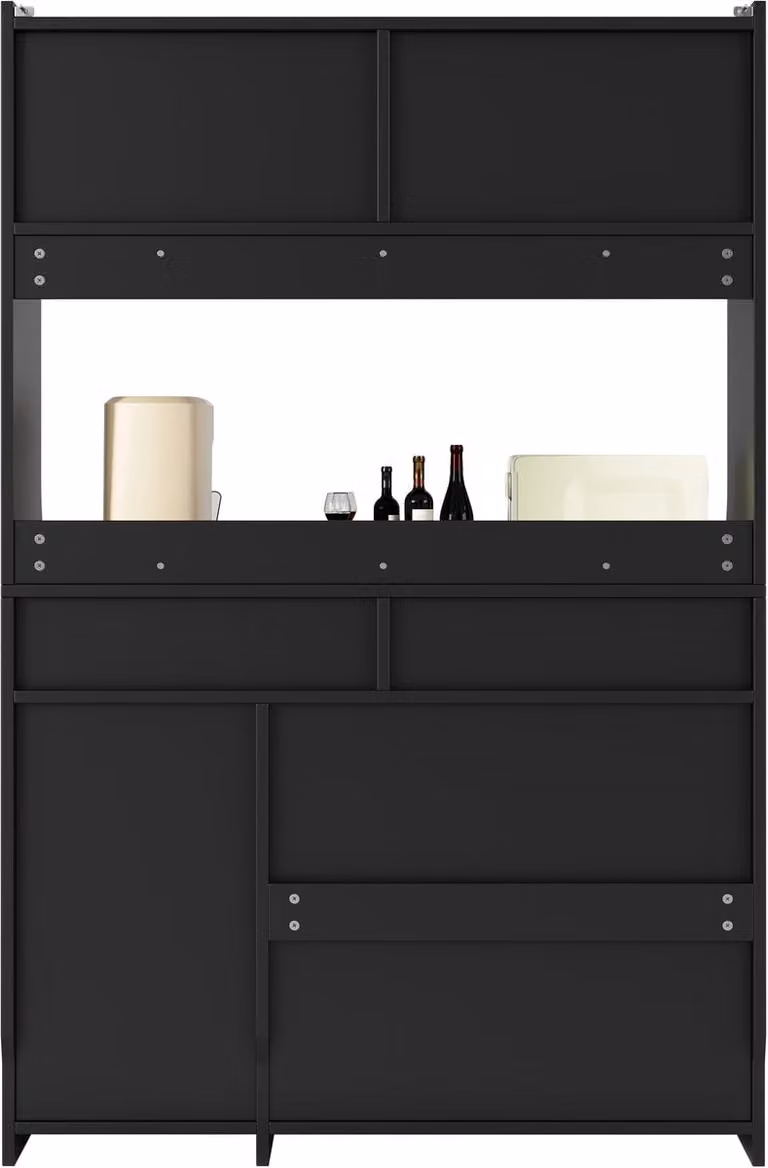 Zwarte buffetkast met LED-verlichting, glazen deuren en 2 laden, hoge vitrinekast met verstelbare planken voor in de keuken of eetkamer