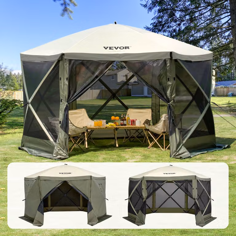 VEVOR Pop-up paviljoen met 6 zijden en muggengaas, legergroen, 366 x 366 cm